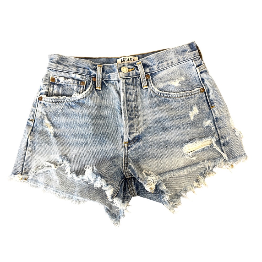 Agolde Parker High Rise Distressed Denim Shorts Light Wash Blue A026-811 Size 24